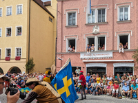 Over 2,000 participants recreate the medieval wedding of Hedwig Jagiellon and George of Bavaria. On July 16, 2023, in Landshut, Bavaria, Ger...