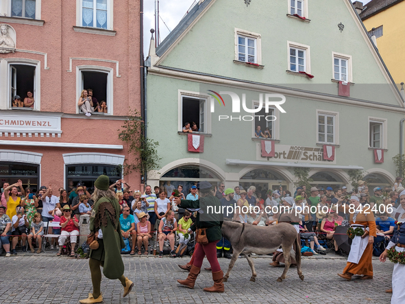 Over 2,000 participants recreate the medieval wedding of Hedwig Jagiellon and George of Bavaria. On July 16, 2023, in Landshut, Bavaria, Ger...