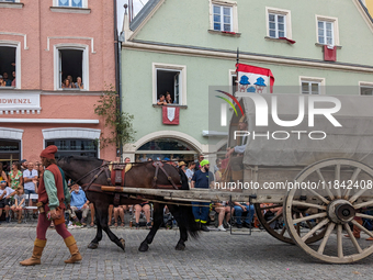 Over 2,000 participants recreate the medieval wedding of Hedwig Jagiellon and George of Bavaria. On July 16, 2023, in Landshut, Bavaria, Ger...