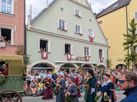 Over 2,000 participants recreate the medieval wedding of Hedwig Jagiellon and George of Bavaria. On July 16, 2023, in Landshut, Bavaria, Ger...