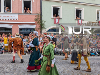 Over 2,000 participants recreate the medieval wedding of Hedwig Jagiellon and George of Bavaria. On July 16, 2023, in Landshut, Bavaria, Ger...