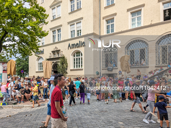 Over 2,000 participants recreate the medieval wedding of Hedwig Jagiellon and George of Bavaria. On July 16, 2023, in Landshut, Bavaria, Ger...