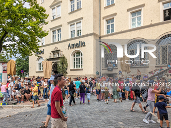 Over 2,000 participants recreate the medieval wedding of Hedwig Jagiellon and George of Bavaria. On July 16, 2023, in Landshut, Bavaria, Ger...