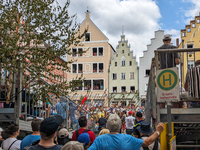 Over 2,000 participants recreate the medieval wedding of Hedwig Jagiellon and George of Bavaria. On July 16, 2023, in Landshut, Bavaria, Ger...