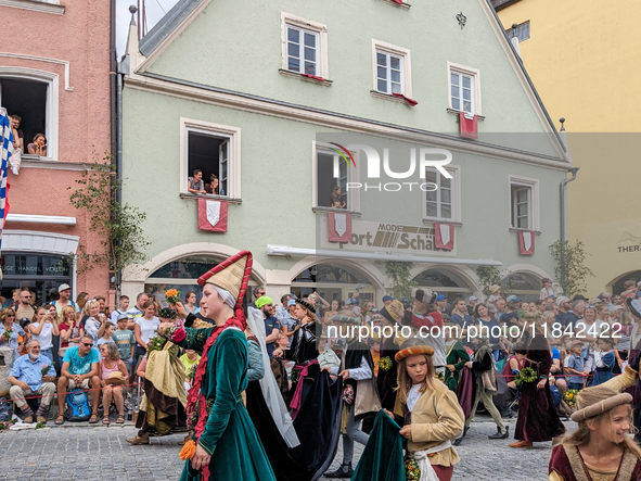 Over 2,000 participants recreate the medieval wedding of Hedwig Jagiellon and George of Bavaria. On July 16, 2023, in Landshut, Bavaria, Ger...