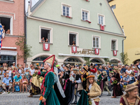 Over 2,000 participants recreate the medieval wedding of Hedwig Jagiellon and George of Bavaria. On July 16, 2023, in Landshut, Bavaria, Ger...