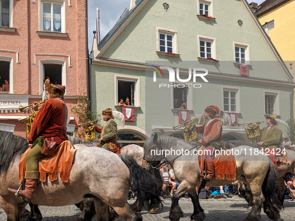 Over 2,000 participants recreate the medieval wedding of Hedwig Jagiellon and George of Bavaria. On July 16, 2023, in Landshut, Bavaria, Ger...