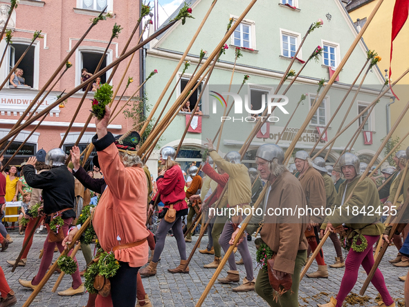 Over 2,000 participants recreate the medieval wedding of Hedwig Jagiellon and George of Bavaria. On July 16, 2023, in Landshut, Bavaria, Ger...