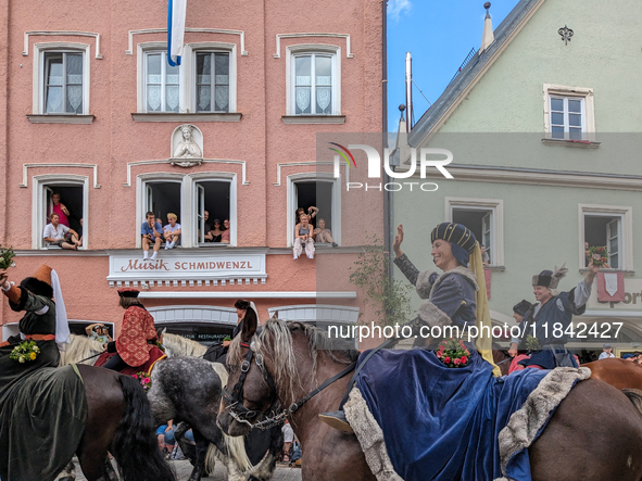 Over 2,000 participants recreate the medieval wedding of Hedwig Jagiellon and George of Bavaria. On July 16, 2023, in Landshut, Bavaria, Ger...