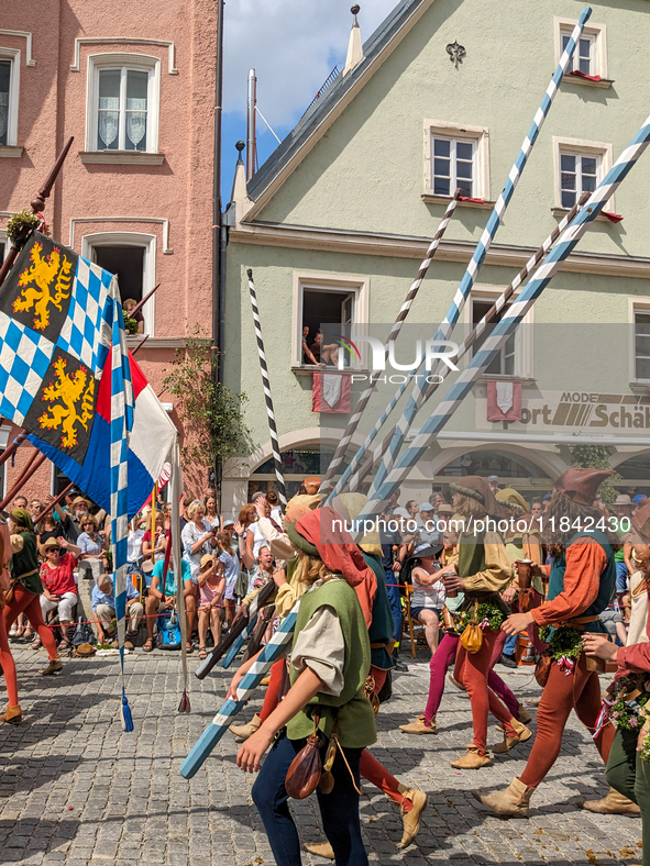 Over 2,000 participants recreate the medieval wedding of Hedwig Jagiellon and George of Bavaria. On July 16, 2023, in Landshut, Bavaria, Ger...