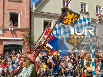 Over 2,000 participants recreate the medieval wedding of Hedwig Jagiellon and George of Bavaria. On July 16, 2023, in Landshut, Bavaria, Ger...