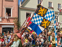 Over 2,000 participants recreate the medieval wedding of Hedwig Jagiellon and George of Bavaria. On July 16, 2023, in Landshut, Bavaria, Ger...