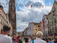 Over 2,000 participants recreate the medieval wedding of Hedwig Jagiellon and George of Bavaria. On July 16, 2023, in Landshut, Bavaria, Ger...