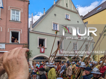 Over 2,000 participants recreate the medieval wedding of Hedwig Jagiellon and George of Bavaria. On July 16, 2023, in Landshut, Bavaria, Ger...