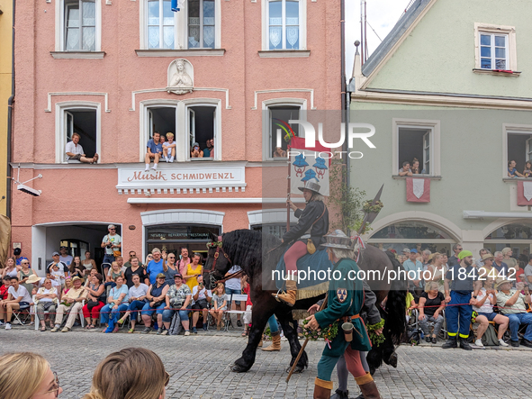 Over 2,000 participants recreate the medieval wedding of Hedwig Jagiellon and George of Bavaria. On July 16, 2023, in Landshut, Bavaria, Ger...