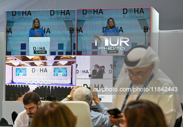 US First Lady Jill Biden speaks at the opening session of the Doha Forum 2024 at Sheraton Grand Doha Resort & Convention Hotel ahead of the...