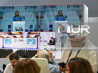 US First Lady Jill Biden speaks at the opening session of the Doha Forum 2024 at Sheraton Grand Doha Resort & Convention Hotel ahead of the...