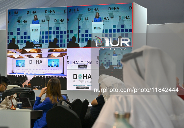 US First Lady Jill Biden speaks at the opening session of the Doha Forum 2024 at Sheraton Grand Doha Resort & Convention Hotel ahead of the...