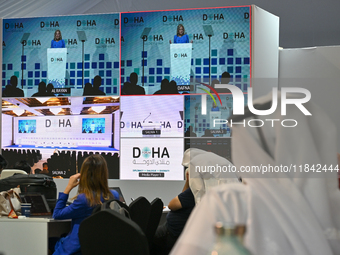 US First Lady Jill Biden speaks at the opening session of the Doha Forum 2024 at Sheraton Grand Doha Resort & Convention Hotel ahead of the...