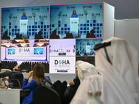 US First Lady Jill Biden speaks at the opening session of the Doha Forum 2024 at Sheraton Grand Doha Resort & Convention Hotel ahead of the...