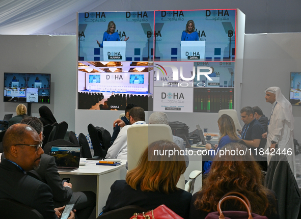 US First Lady Jill Biden speaks at the opening session of the Doha Forum 2024 at Sheraton Grand Doha Resort & Convention Hotel ahead of the...