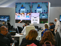 US First Lady Jill Biden speaks at the opening session of the Doha Forum 2024 at Sheraton Grand Doha Resort & Convention Hotel ahead of the...