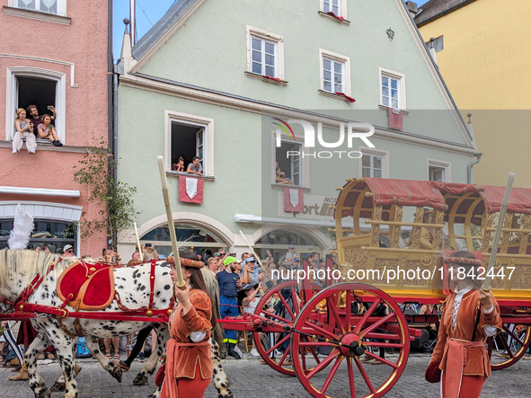 Over 2,000 participants recreate the medieval wedding of Hedwig Jagiellon and George of Bavaria. On July 16, 2023, in Landshut, Bavaria, Ger...