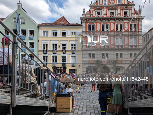 Over 2,000 participants recreate the medieval wedding of Hedwig Jagiellon and George of Bavaria. On July 16, 2023, in Landshut, Bavaria, Ger...