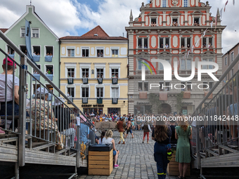 Over 2,000 participants recreate the medieval wedding of Hedwig Jagiellon and George of Bavaria. On July 16, 2023, in Landshut, Bavaria, Ger...