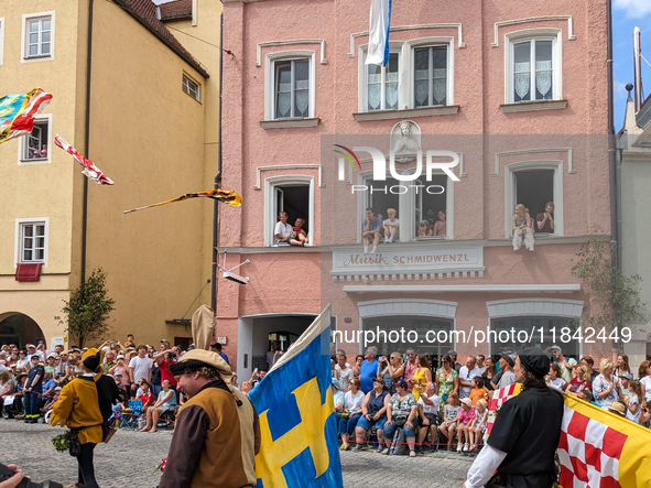 Over 2,000 participants recreate the medieval wedding of Hedwig Jagiellon and George of Bavaria. On July 16, 2023, in Landshut, Bavaria, Ger...