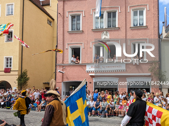 Over 2,000 participants recreate the medieval wedding of Hedwig Jagiellon and George of Bavaria. On July 16, 2023, in Landshut, Bavaria, Ger...