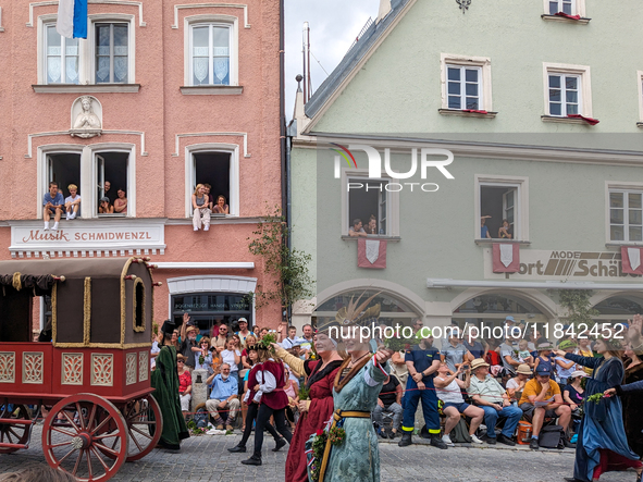 Over 2,000 participants recreate the medieval wedding of Hedwig Jagiellon and George of Bavaria. On July 16, 2023, in Landshut, Bavaria, Ger...