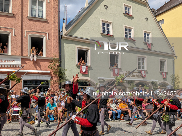 Over 2,000 participants recreate the medieval wedding of Hedwig Jagiellon and George of Bavaria. On July 16, 2023, in Landshut, Bavaria, Ger...