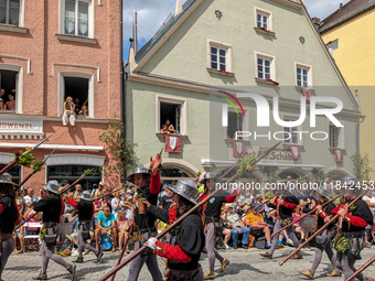 Over 2,000 participants recreate the medieval wedding of Hedwig Jagiellon and George of Bavaria. On July 16, 2023, in Landshut, Bavaria, Ger...