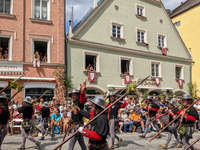 Over 2,000 participants recreate the medieval wedding of Hedwig Jagiellon and George of Bavaria. On July 16, 2023, in Landshut, Bavaria, Ger...