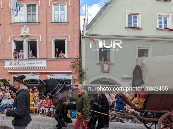 Over 2,000 participants recreate the medieval wedding of Hedwig Jagiellon and George of Bavaria. On July 16, 2023, in Landshut, Bavaria, Ger...