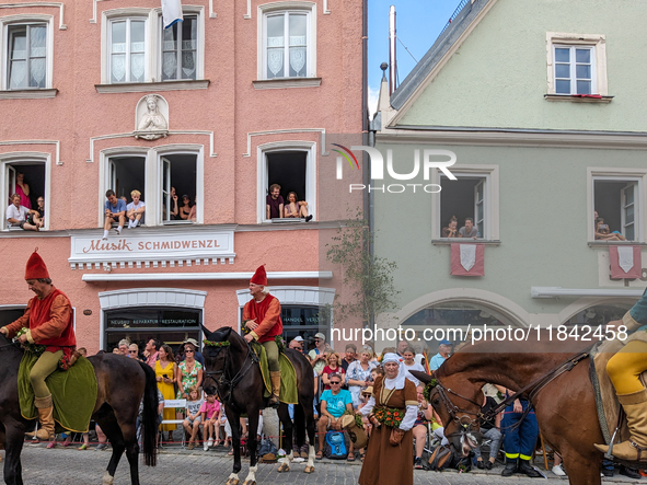 Over 2,000 participants recreate the medieval wedding of Hedwig Jagiellon and George of Bavaria. On July 16, 2023, in Landshut, Bavaria, Ger...