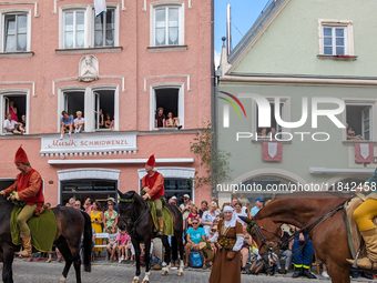 Over 2,000 participants recreate the medieval wedding of Hedwig Jagiellon and George of Bavaria. On July 16, 2023, in Landshut, Bavaria, Ger...