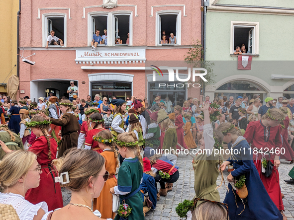 Over 2,000 participants recreate the medieval wedding of Hedwig Jagiellon and George of Bavaria. On July 16, 2023, in Landshut, Bavaria, Ger...