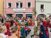 Over 2,000 participants recreate the medieval wedding of Hedwig Jagiellon and George of Bavaria. On July 16, 2023, in Landshut, Bavaria, Ger...