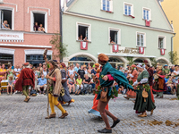 Over 2,000 participants recreate the medieval wedding of Hedwig Jagiellon and George of Bavaria. On July 16, 2023, in Landshut, Bavaria, Ger...