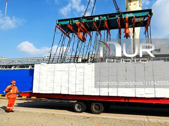 A cargo ship unloads imported pulp at the Xilian terminal of Qingdao Port in Qingdao, China, on December 7, 2024. (