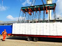 A cargo ship unloads imported pulp at the Xilian terminal of Qingdao Port in Qingdao, China, on December 7, 2024. (