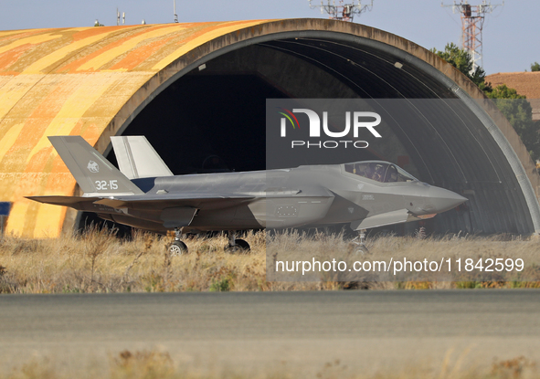 A Lockheed Martin F-35A Lightning II of the Italy Air Force heads to the runway to take off from Los Llanos military air base during the Tac...