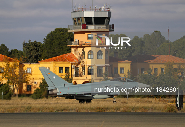 A Eurofighter EF-2000 Typhoon of the Luftwaffe (German Air Force) heads to the runway to take off from the Los Llanos military air base duri...