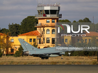 A Eurofighter EF-2000 Typhoon of the Luftwaffe (German Air Force) heads to the runway to take off from the Los Llanos military air base duri...