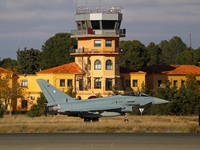 A Eurofighter EF-2000 Typhoon of the Luftwaffe (German Air Force) heads to the runway to take off from the Los Llanos military air base duri...