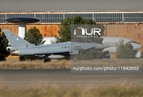 A Eurofighter EF-2000 Typhoon of the Luftwaffe (German Air Force) heads to the runway to take off from the Los Llanos military air base duri...