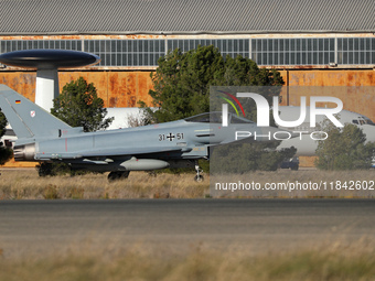 A Eurofighter EF-2000 Typhoon of the Luftwaffe (German Air Force) heads to the runway to take off from the Los Llanos military air base duri...