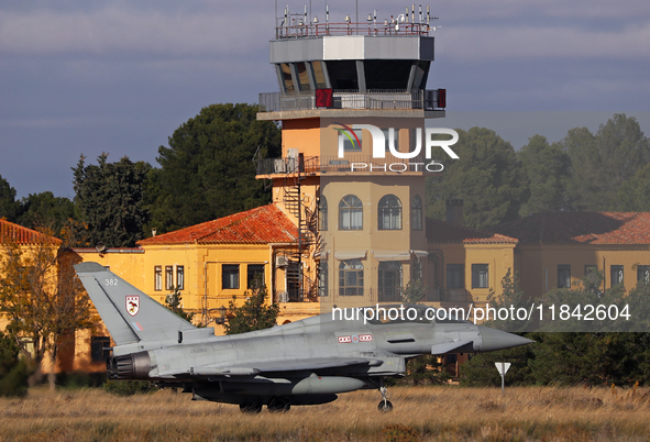 A British Royal Air Force Eurofighter Typhoon FGR.4 heads to the runway to take off from the Los Llanos military air base during the Tactica...